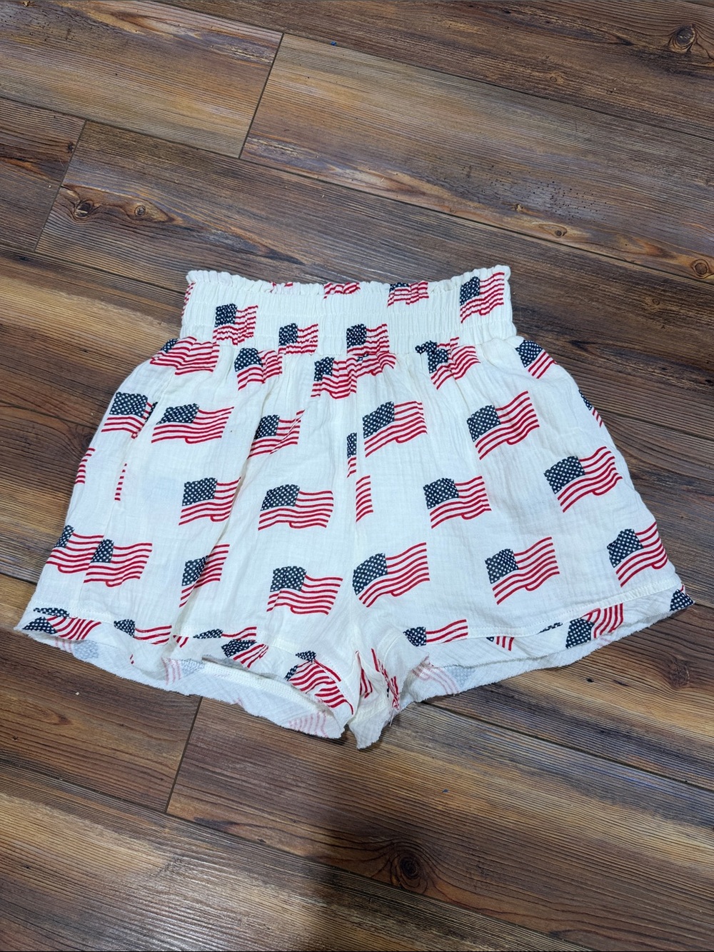 Pink Lily White High-Waist Shorts with Red & Blue Flag Print